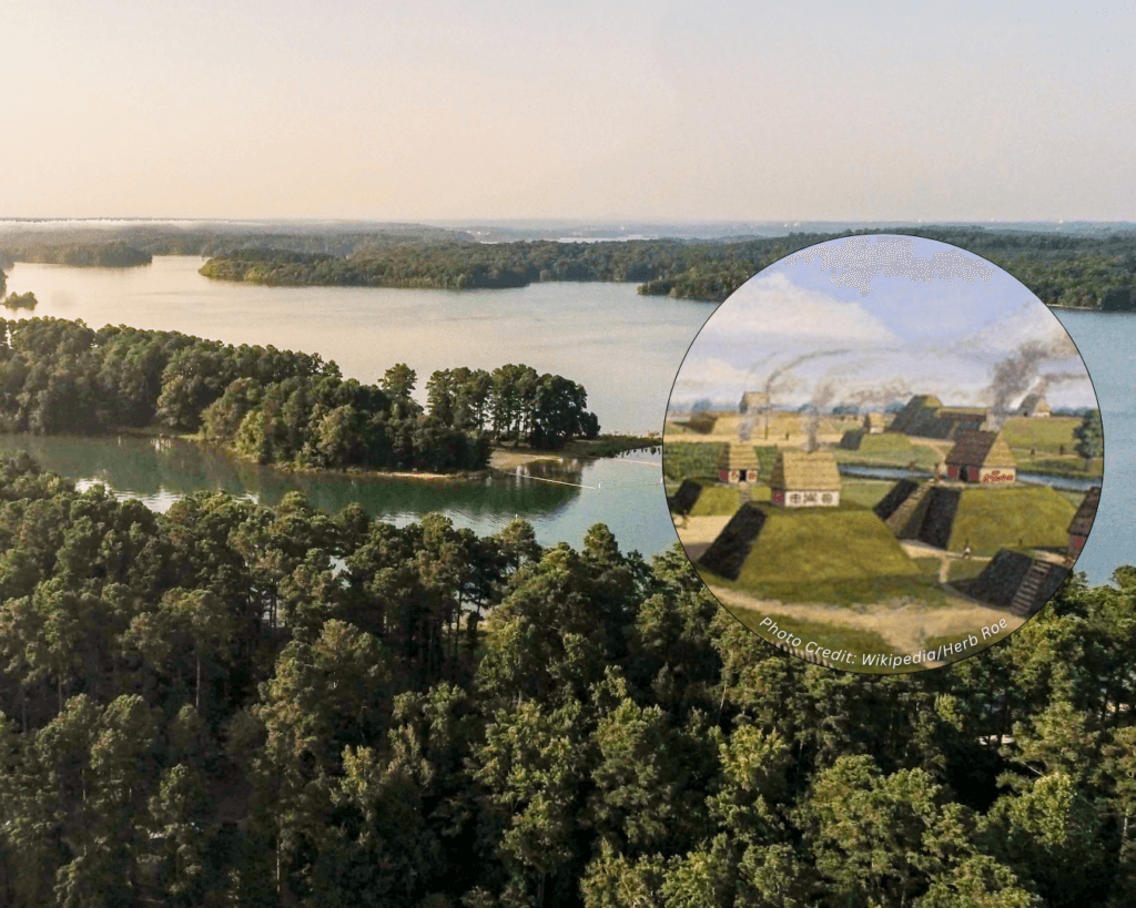 A photo of Lake Hartwell with an image of an example Native American mounds.